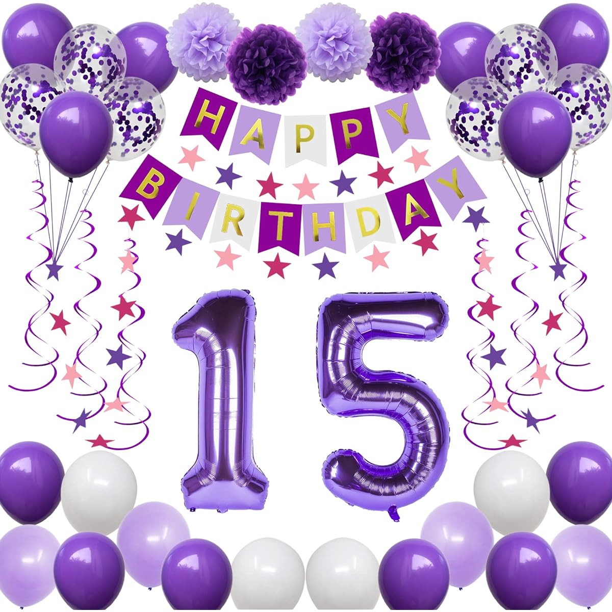 NANINUNENO 15th Birthday Decorations for Girls, Purple 15 Happy Birthday Balloons Essentials Purple Happy Birthday Banner, Purple 15 Number Balloons, Purple Pink Star Streamer, Hanging Swirls