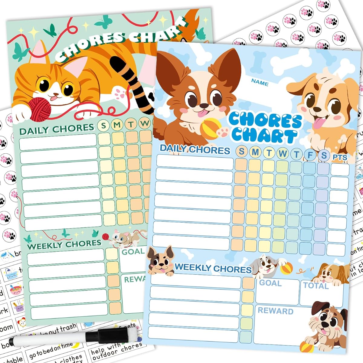 EkiShoal Children's Chore Chart Magnetic Set (Dog and Cat) - Reward Chart for Kids Good Behavior Chart for Kids at Home My Responsibility Chart for Kids Magnetic Reward Chart for Kids Behavior