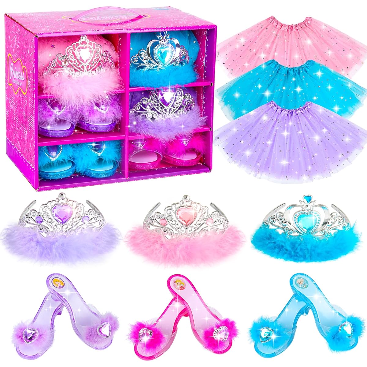 BIBUTY Princess Dress Up Shoes Girls Dress Up Dress Crown 3 Sets Princess Accessories Toys Birthday Gift for 3-6 Year Old Girls