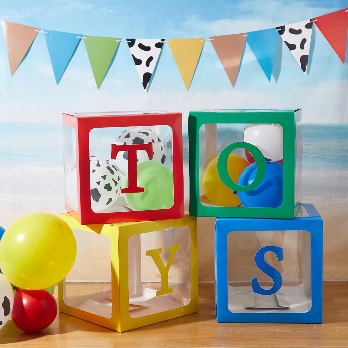 Gemscream Toy Theme Party Decorations Clear Balloon Box with 16pcs Funny Cow Print Balloons, Clear Box with Green Yellow Red Blue Balloons for Birthday Backdrop Party