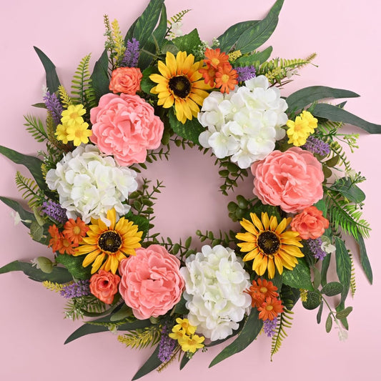 Waipfaru Spring Wreath for Front Door 22 Inch Spring Wreath Front Door Wreath Sunflower Wreath Summer Wreath for Front Door with Flowers Eucalyptus All Season Home Outdoor Indoor Decor