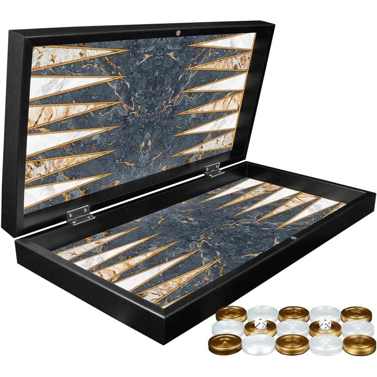 LaModaHome 19" Turkish Grey Marble Backgammon Set Wood Board Game for Family Game Night, Modern Elite Vinyl Scratch Resistant Tabla for Adults and Couples, Magnetic Closing Mechanism