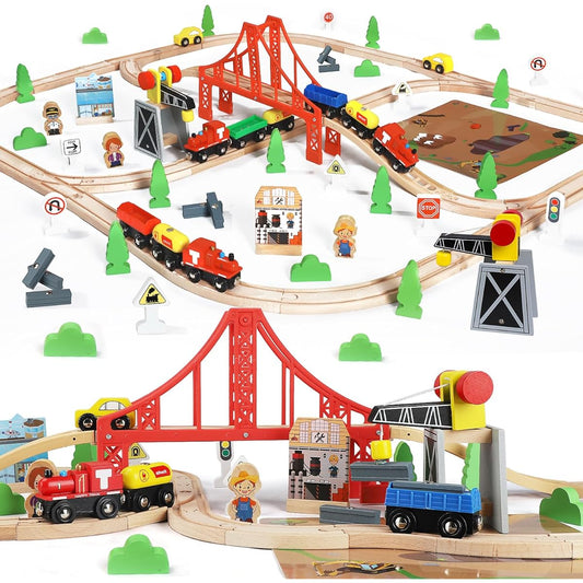TOY Life 80 Piece Wooden Train Set - Wooden Train Set for Boys & Girls with Crane Wood Track Thomas Brio Melisa Chuggington Train Track Set Wooden Railway - Toddler Boys Toy Train Set Boys Train Set 3+
