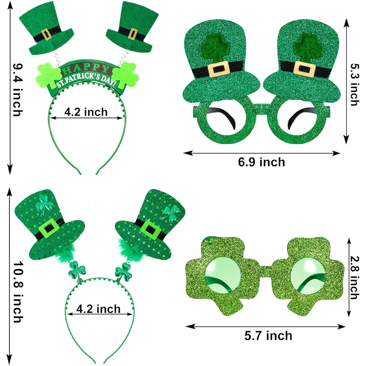 Whaline 9 Piece St. Patrick's Day Headband and Glasses Set - St. Patrick's Clover Hair Hoop, Shamrock Glasses, Green Irish Accessories for Men and Women, Leprechaun Party Supplies, Costume Favors