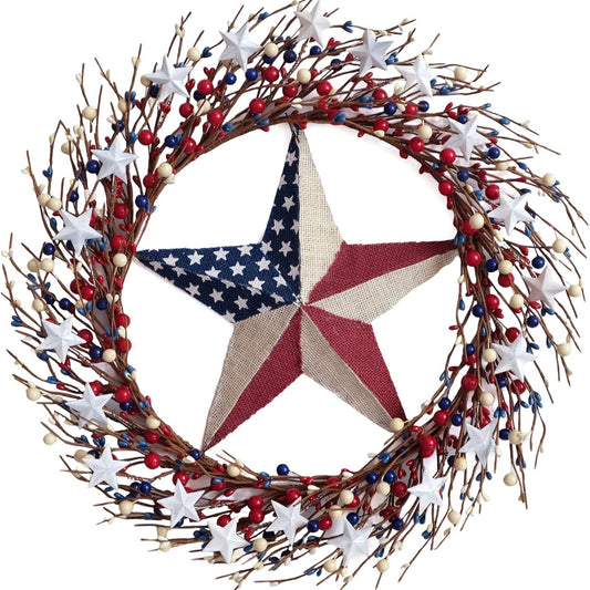 TEMPUS 4th of July 18" Independence Day Red White Blue Berry Wreath Metal Pentagram Decor Burlap Five-Pointed Star Patriotic Ornament Memorial Day Flag Day Veterans Day