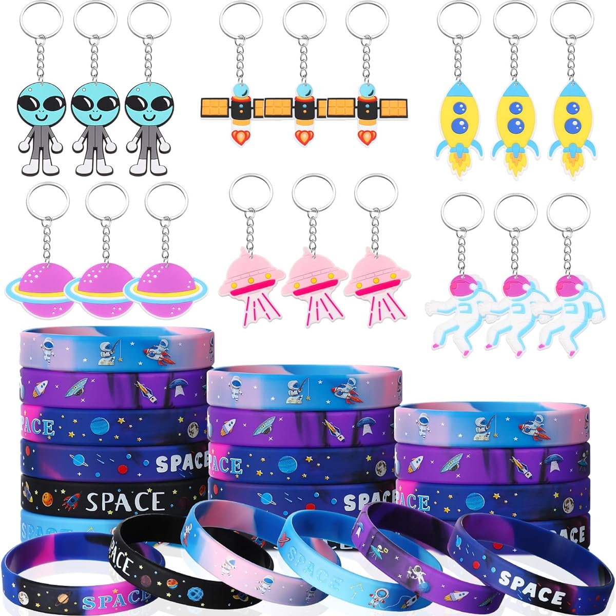 Aoriher Space Party Favors Space Rubber Bracelet Silicone Wristband Space Theme Keychain Space Party Goodie Bag Galaxy Birthday Party Supplies for Boys Girls Classroom Rewards 48 Pieces