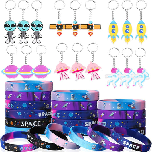 Aoriher Space Party Favors Space Rubber Bracelet Silicone Wristband Space Theme Keychain Space Party Goodie Bag Galaxy Birthday Party Supplies for Boys Girls Classroom Rewards 48 Pieces