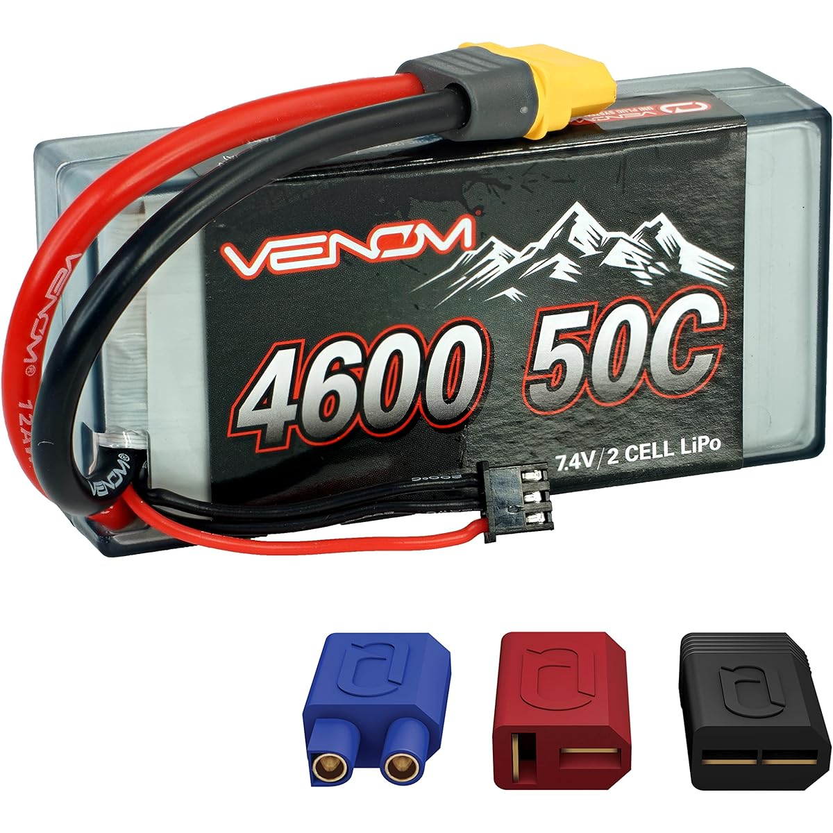 Venom Drive Series 50C 2S - 4600mAh 7.4V LiPo RC Battery - Universal 2.0 Plug Lithium Polymer 2 Cell - Soft Silicone Connector & XT60 Compatible with Traxxas Deans EC3 2WD 4WD Trucks & Buggies