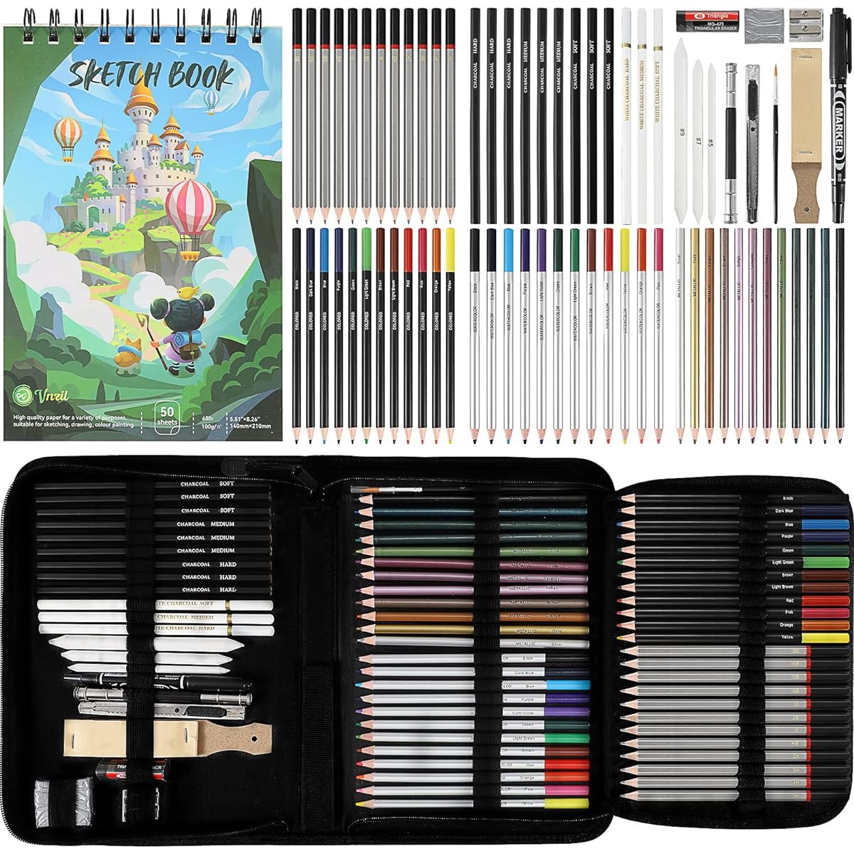 Vnzil 72 Piece Drawing Kit Sketch and Draw Art Set with Colored Pencils, Charcoal Graphite Pencils and Sketchbook for Adults, Teens and Beginner Artists