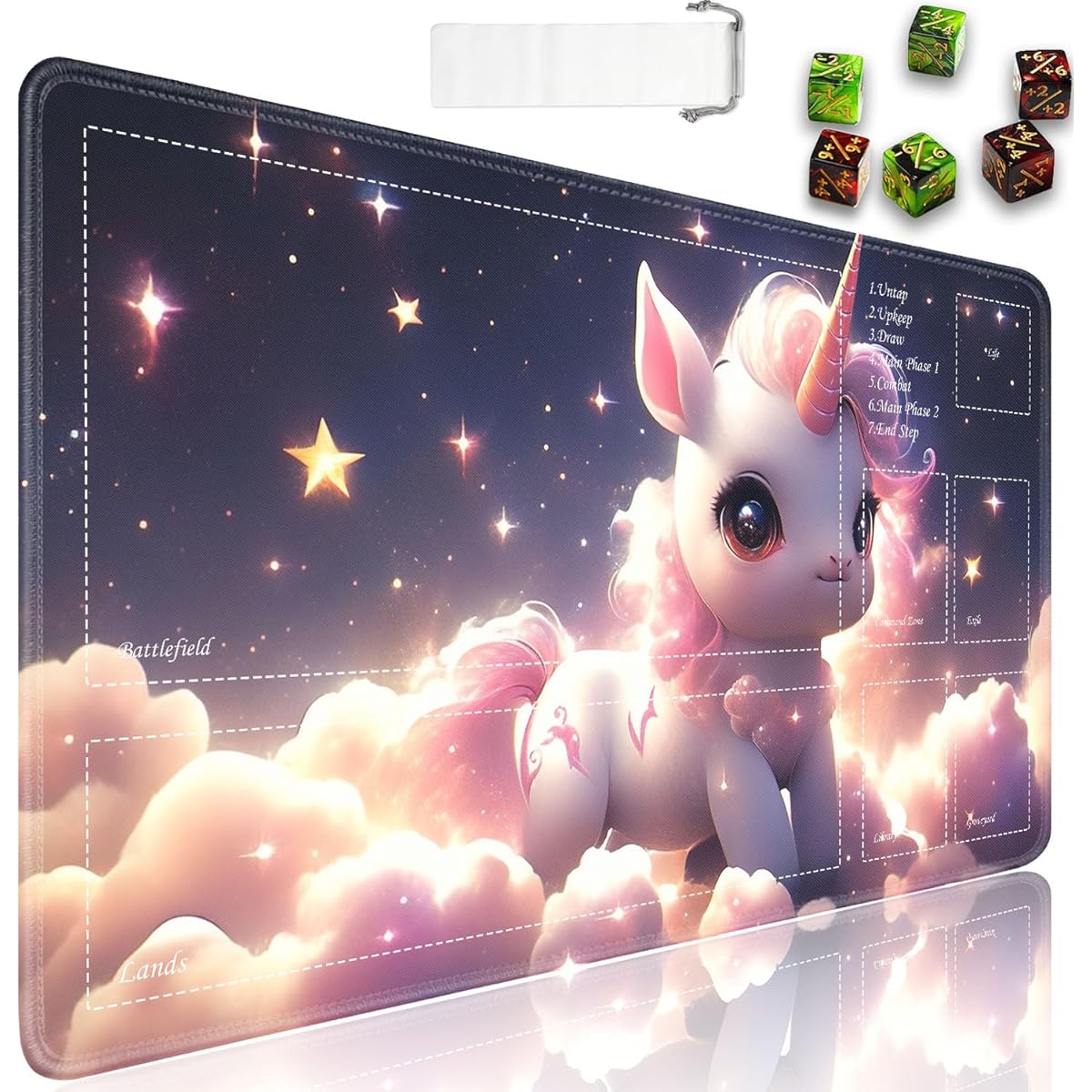 TCG Playmat, Magic the Gathering Ultra Pro Playmat with Zones, 24x14 Inch Non-Slip Rubber MTG Playmat with Drawstring Travel Pouch and 6 Dice, Girly Colt in the Clouds MTG Mat, Card Game Playmat