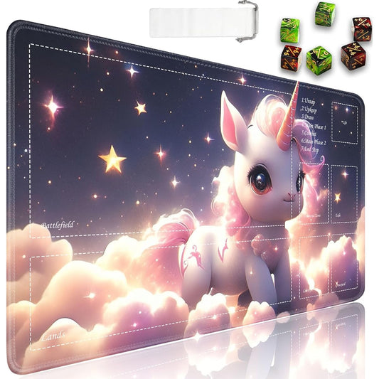 TCG Playmat, Magic the Gathering Ultra Pro Playmat with Zones, 24x14 Inch Non-Slip Rubber MTG Playmat with Drawstring Travel Pouch and 6 Dice, Girly Colt in the Clouds MTG Mat, Card Game Playmat