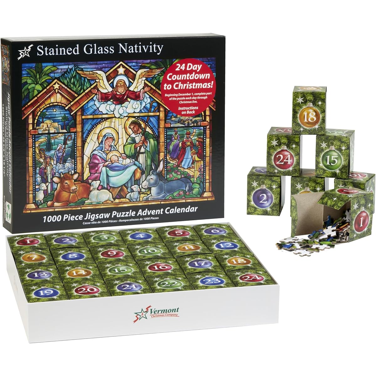 Vermont Christmas Company Stained Glass Nativity Jigsaw Puzzle Advent Calendar 1000 Pieces 24 Sections to Complete in December