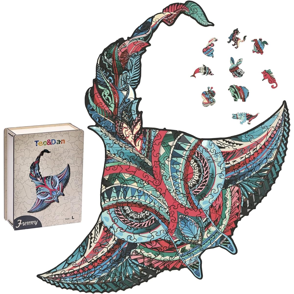 Teo&Dan Stingray Wooden Puzzle, Wooden Jigsaw Puzzle for Adults and Kids, Unique Shapes Animals, Best Gifts for Adults and Kids, Family Puzzle, M-11.4x8.2 Inch, 195 Pieces (M)