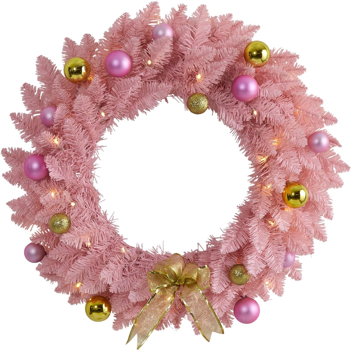 Nearly Natural 24" Pink Artificial Christmas Wreath with 35 LED Lights and Ornaments