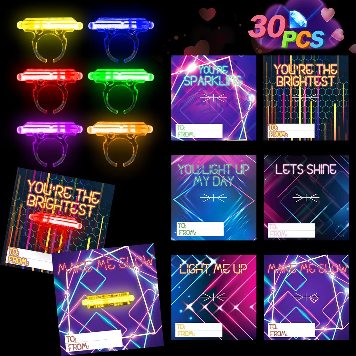 ShyLizard Valentine's Day Cards for Classroom/School, Valentine Cards with 30 Rings and 36 Glow Sticks for Kids, Valentine's Day Gifts for Classroom/School, Valentine's Day Gifts for Boys/Girls