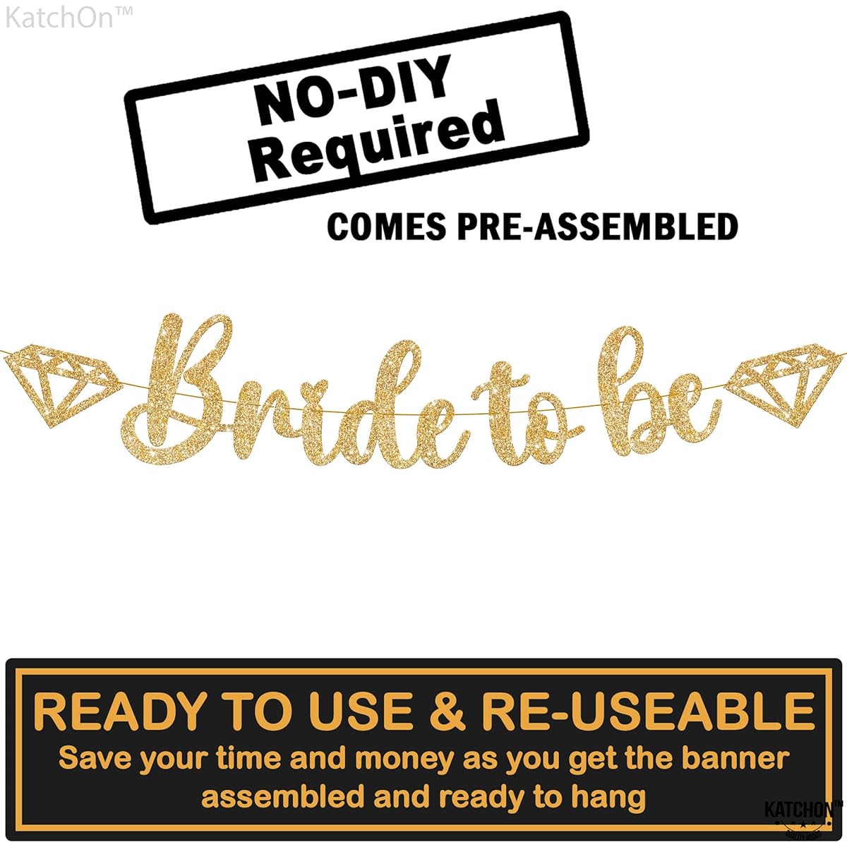 KatchOn Gold Glitter Bride To Be Banner - 10ft Pre-strung No DIY Required | Bride to Be Gold Banner with Ring Cutouts | Bachelorette Party Decorations | Bridal Shower Decorations Gold Wedding Decorations