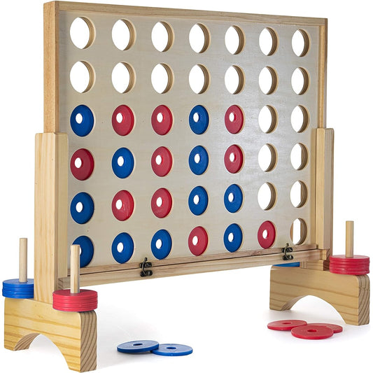 Prextex Giant 4 Row Wooden Family Game for Indoor/Outdoor Use with 4-Piece Travel Bag