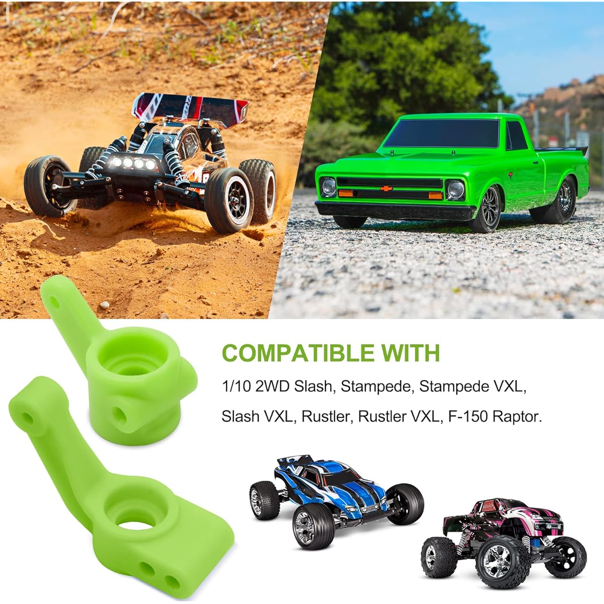 OGRC Plastic Front Caster Block & Steering Block and Rear Stub Axle Carrier Replacement for 1/10 Traxxas 2WD Slash Stampede Rustler 3632 3736 3752 (Green)