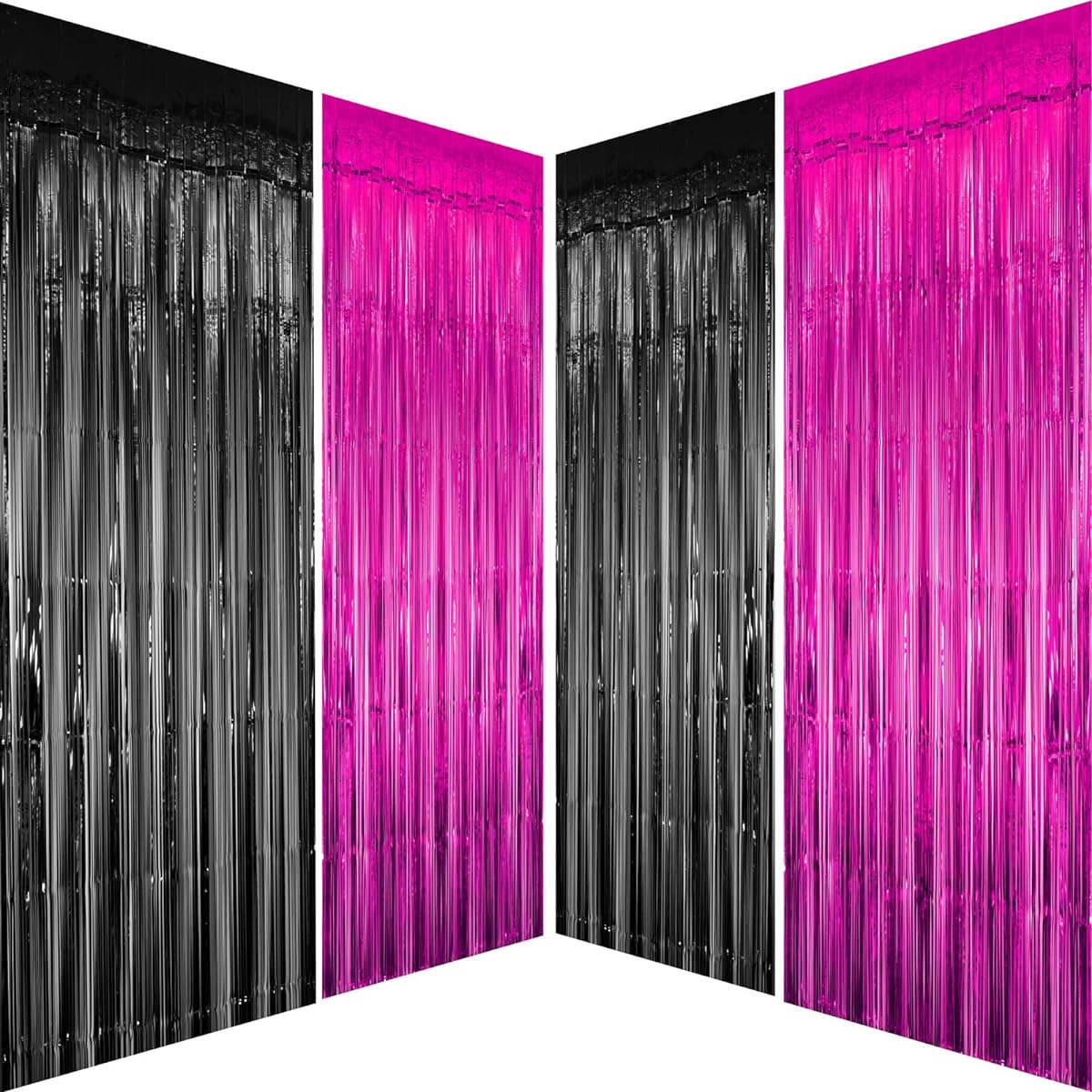 4pcs Hot Pink Black Party Metallic Tinsel Foil Fringe Curtains - Women Girls Birthday Graduation Wedding Bridal Shower Bachelorette New Year Carnival Party Photo Booth Streamer Backdrop Decorations