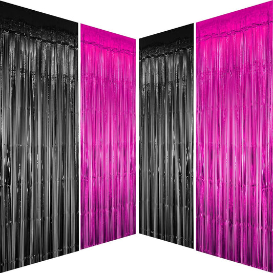 4pcs Hot Pink Black Party Metallic Tinsel Foil Fringe Curtains - Women Girls Birthday Graduation Wedding Bridal Shower Bachelorette New Year Carnival Party Photo Booth Streamer Backdrop Decorations