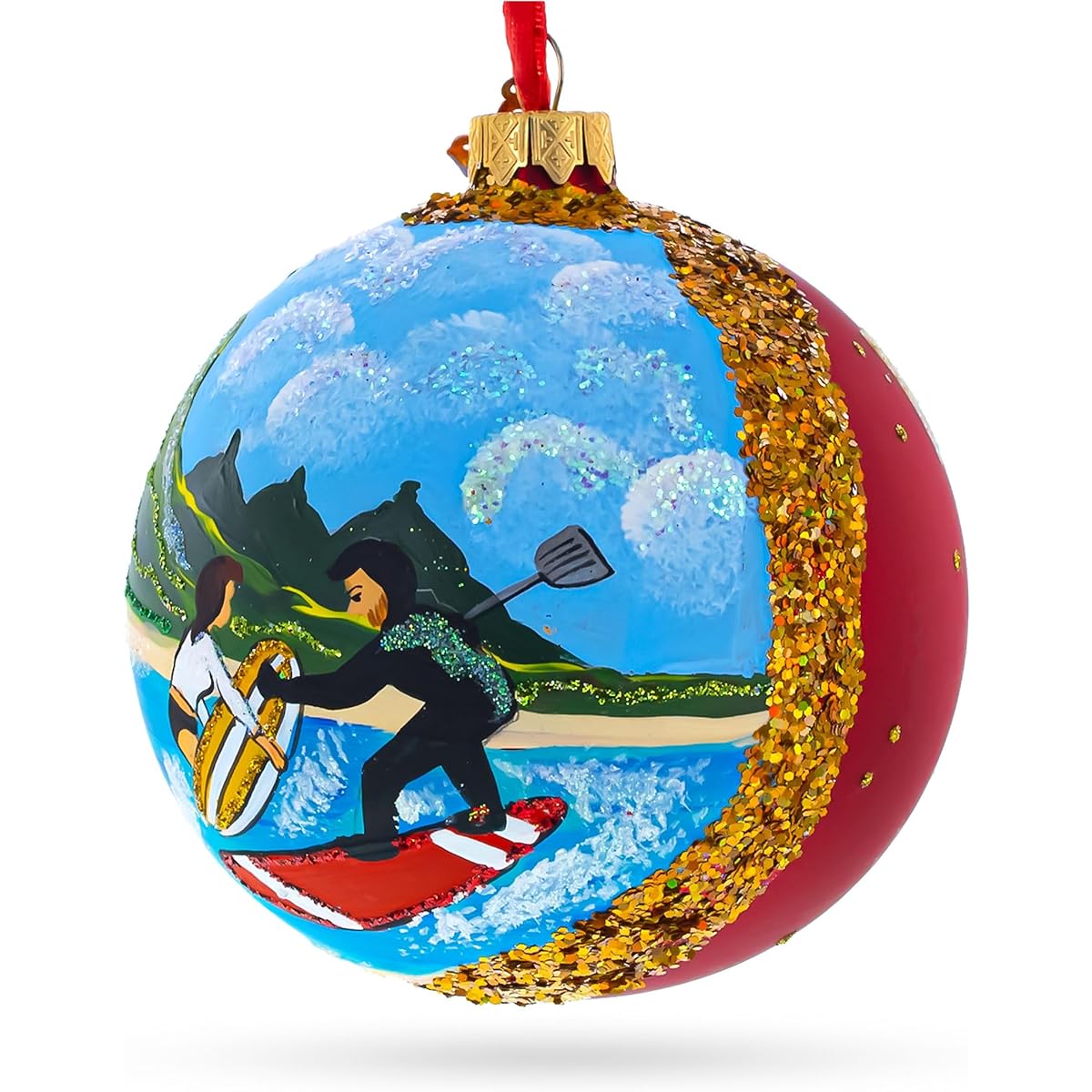 Surfers at Hawaii Beach, USA Glass Ball Christmas Ornament 4 Inches