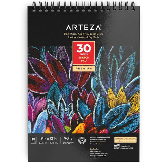 Arteza 9x12" Black Sketch Pad, 30 Sheets (90lb/150gsm), Spiral Bound, Heavyweight Paper, Graphite & Colored Pencils, Charcoal, Oil Pastels, Gel Pens, Chalk, Ink