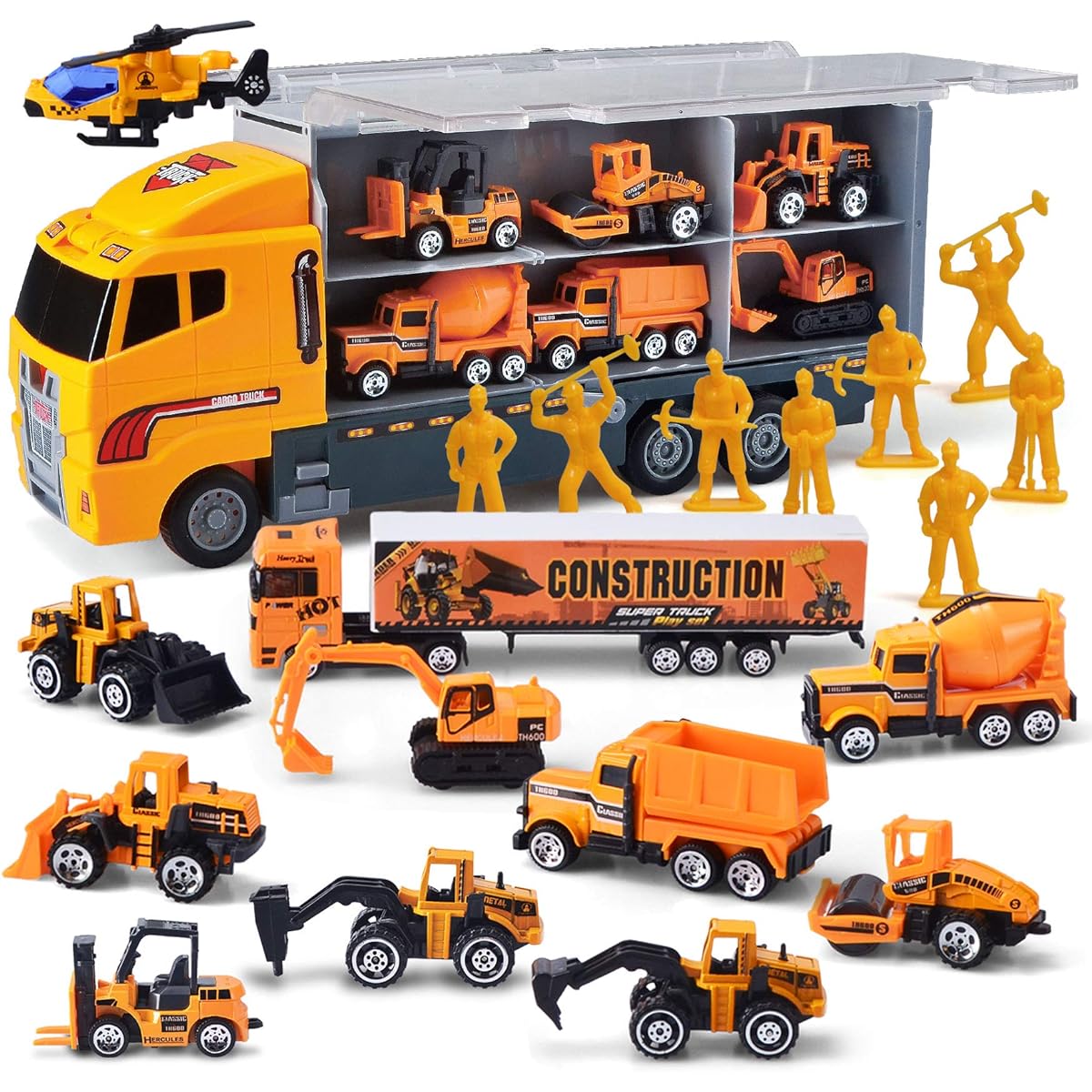 Joyin Toy 11 in 1 Die-cast Construction Truck Vehicle Car Toy Set Friction Powered Play Vehicles in Carrier Truck