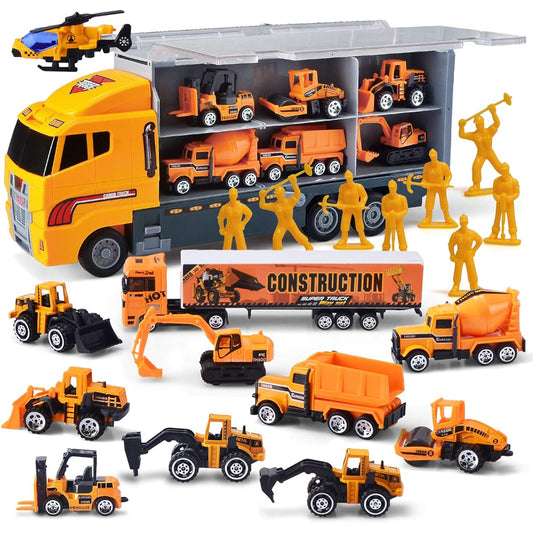 Joyin Toy 11 in 1 Die-cast Construction Truck Vehicle Car Toy Set Friction Powered Play Vehicles in Carrier Truck