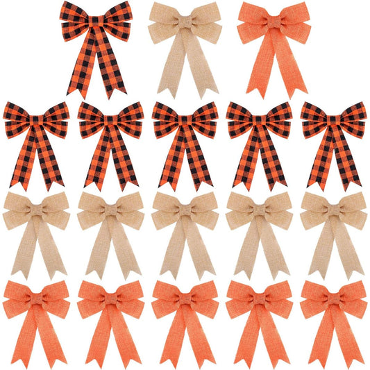 WILLBOND 18 Pieces Thanksgiving Plaid Ribbon Orange and Black Burlap Ribbon Halloween Bows Thanksgiving Fall Home Decorations 5 x 7 Inch