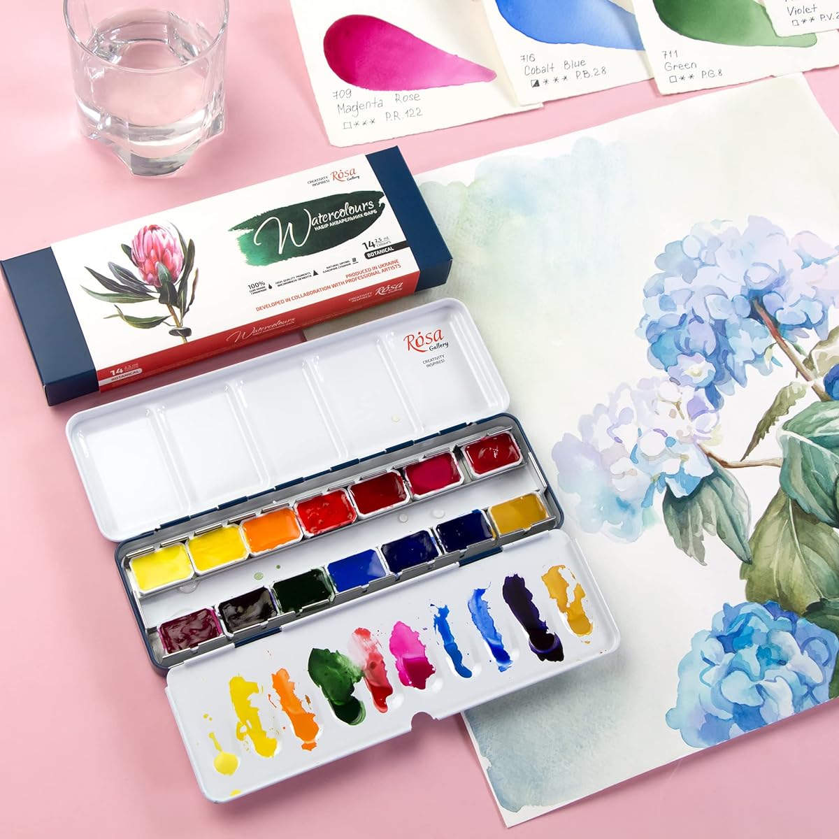 Rosa Gallery Watercolor Paint Set Botanical Unique Palette Full Pan 2.5ml Metal Case Extra Fine Professional Watercolor Paints (14 Full Pans)