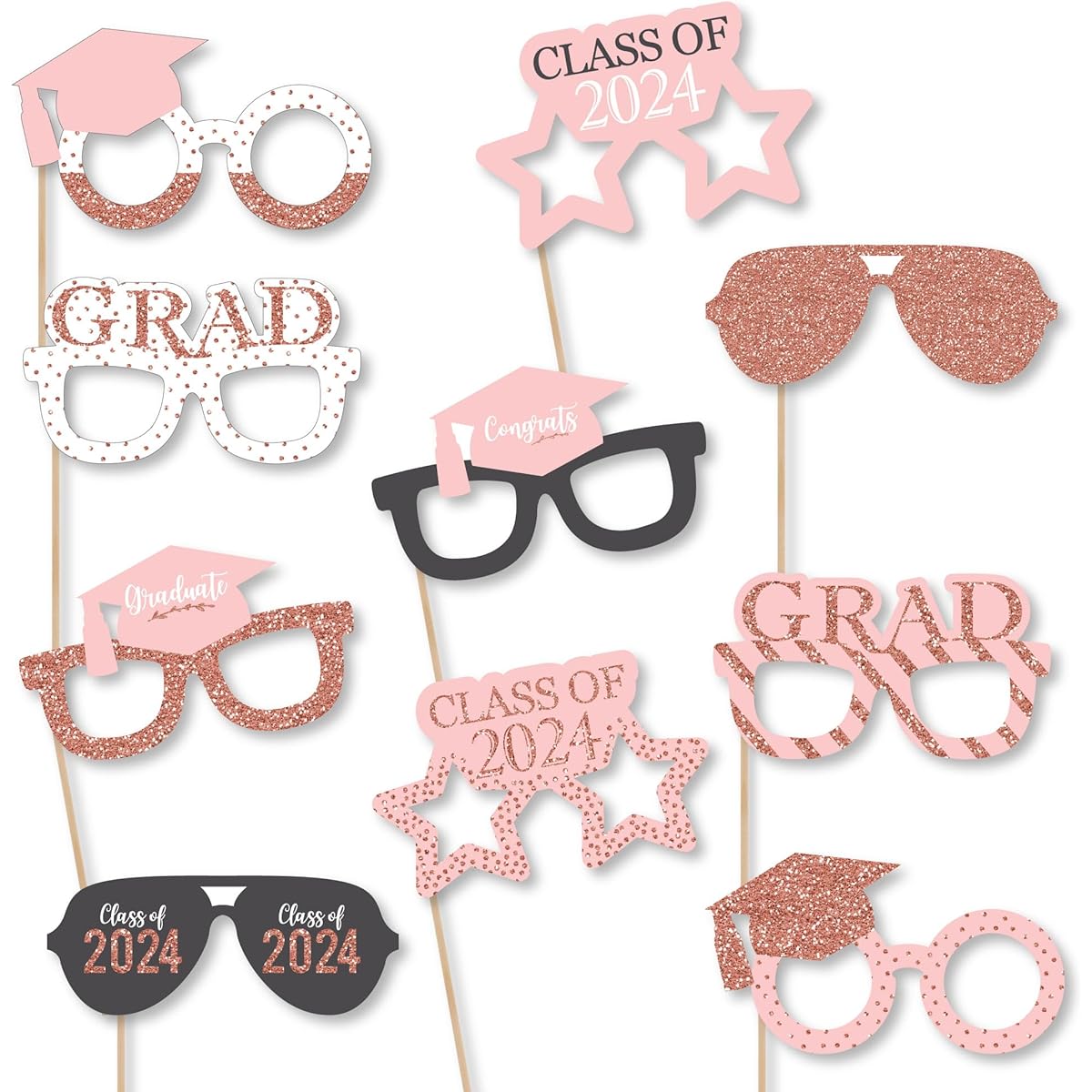 Big Dot of Happiness Rose Gold Graduation Glasses - 2019 Paper Cardstock Graduation Party Photo Booth Props Kit - 10 Count