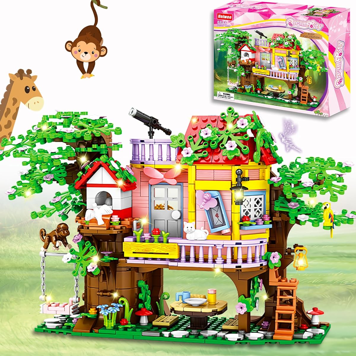 Uniwee Tree House STEM Building Toy 840 Pieces Creative & Sweet Tree House Building Blocks Set Swing Animal Flower Forest House for Girls 6 7 8 9 10 11 12