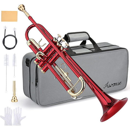 Asmuse BB Standard Trumpet Set for Beginners Brass Student Trumpet Instrument with Hard Case (Red)