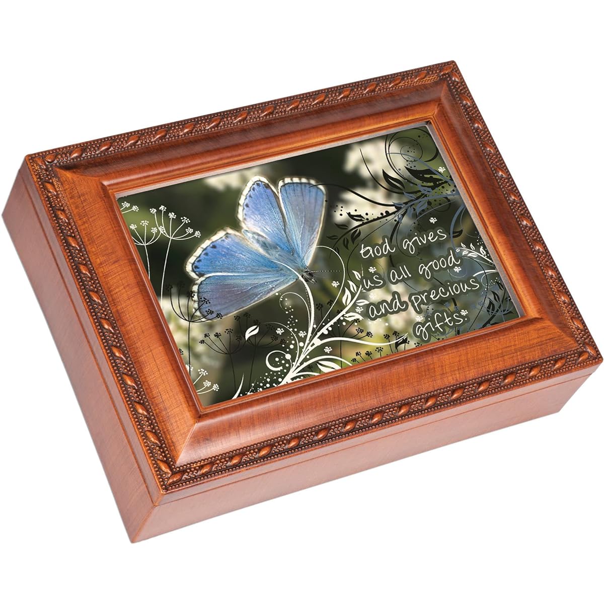 God Gives Good and Precious Wood Finish Jewelry Music Box Plays Wind Beneath My Wings