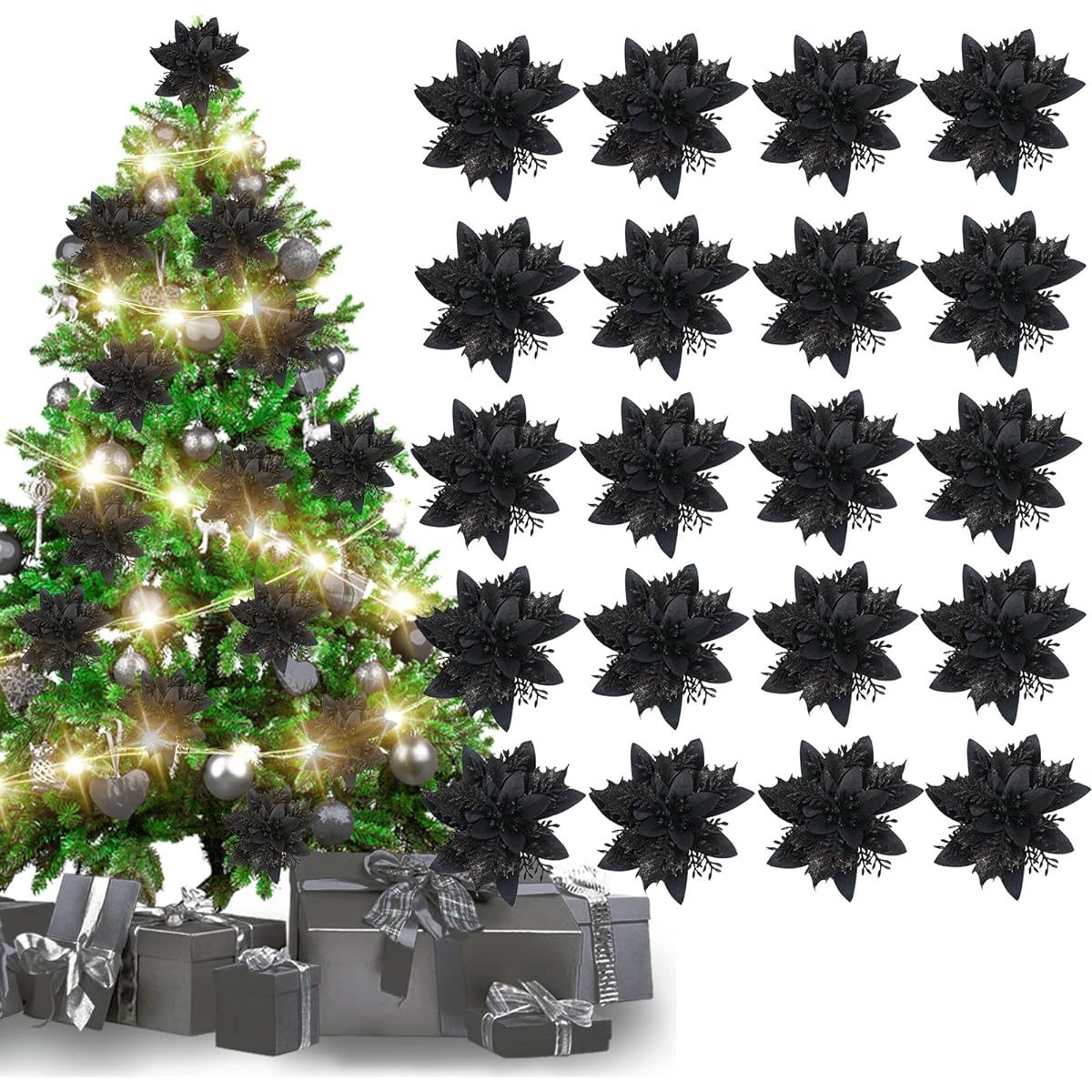 Whaline 20pcs Christmas Flower Poinsettia with 20pcs Metal Clips Artificial Christmas Black Glitter Flowers Christmas Poinsettia Christmas Tree Ornaments Wreath Garland Party Decoration