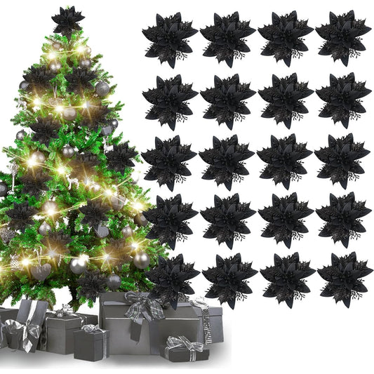 Whaline 20pcs Christmas Flower Poinsettia with 20pcs Metal Clips Artificial Christmas Black Glitter Flowers Christmas Poinsettia Christmas Tree Ornaments Wreath Garland Party Decoration