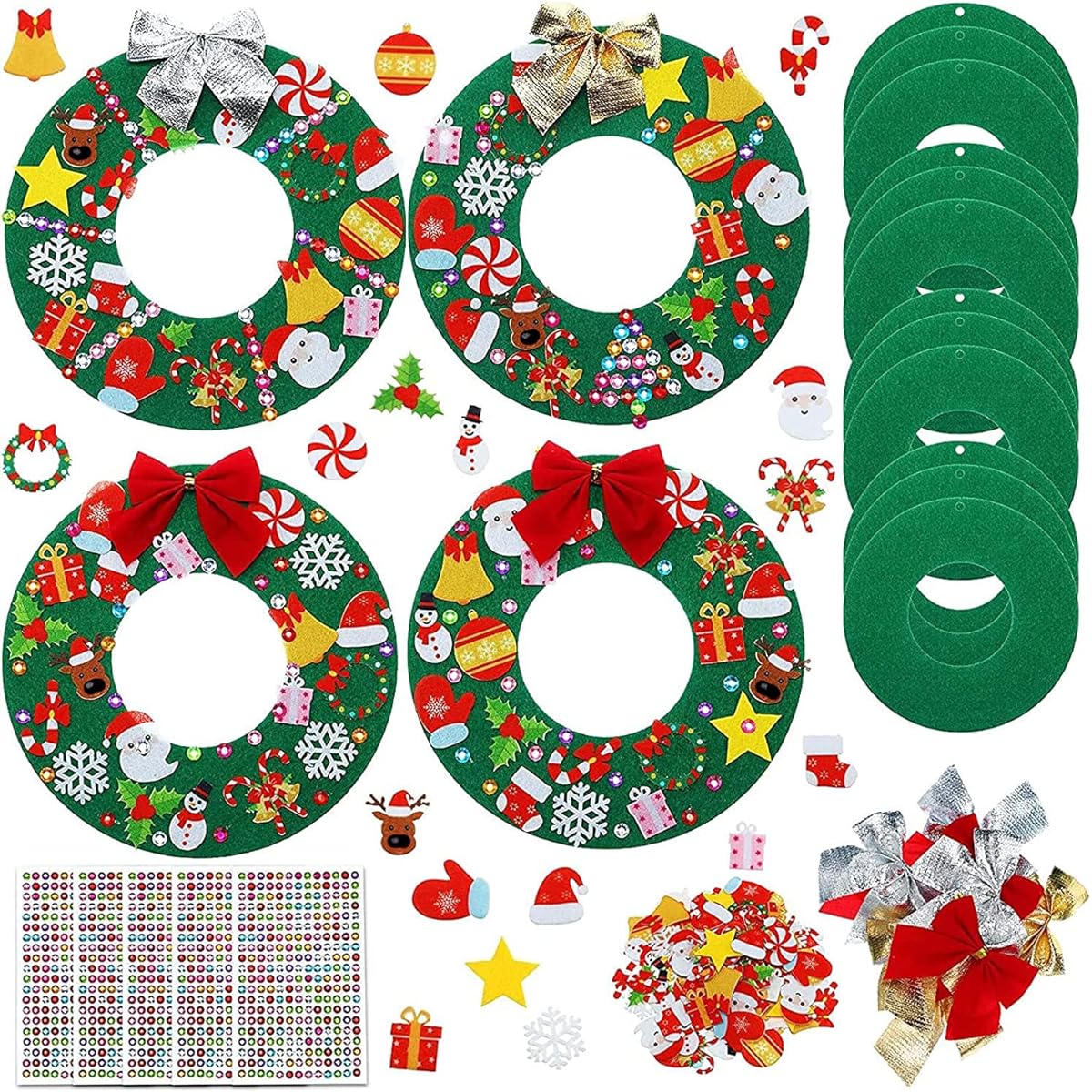 Tatuo Felt Christmas Tree Wreath Craft Kit Christmas DIY Ornaments with 221pcs Adhesive Christmas Felt Stickers, 12pcs Christmas Bows and 5pcs Gemstone Stickers for Christmas Kids (Wreath Style, 6 Inch)