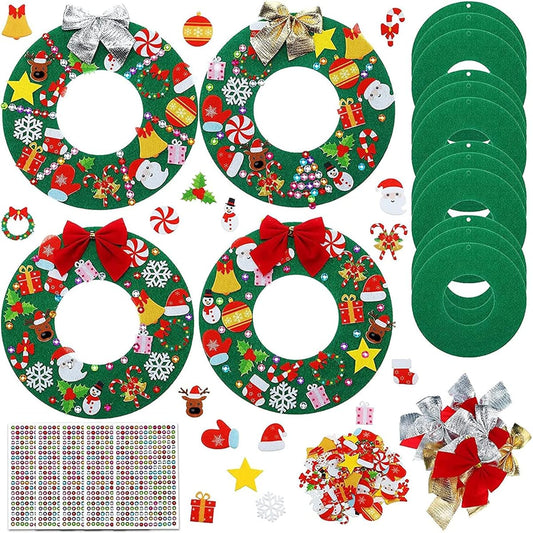 Tatuo Felt Christmas Tree Wreath Craft Kit Christmas DIY Ornaments with 221pcs Adhesive Christmas Felt Stickers, 12pcs Christmas Bows and 5pcs Gemstone Stickers for Christmas Kids (Wreath Style, 6 Inch)