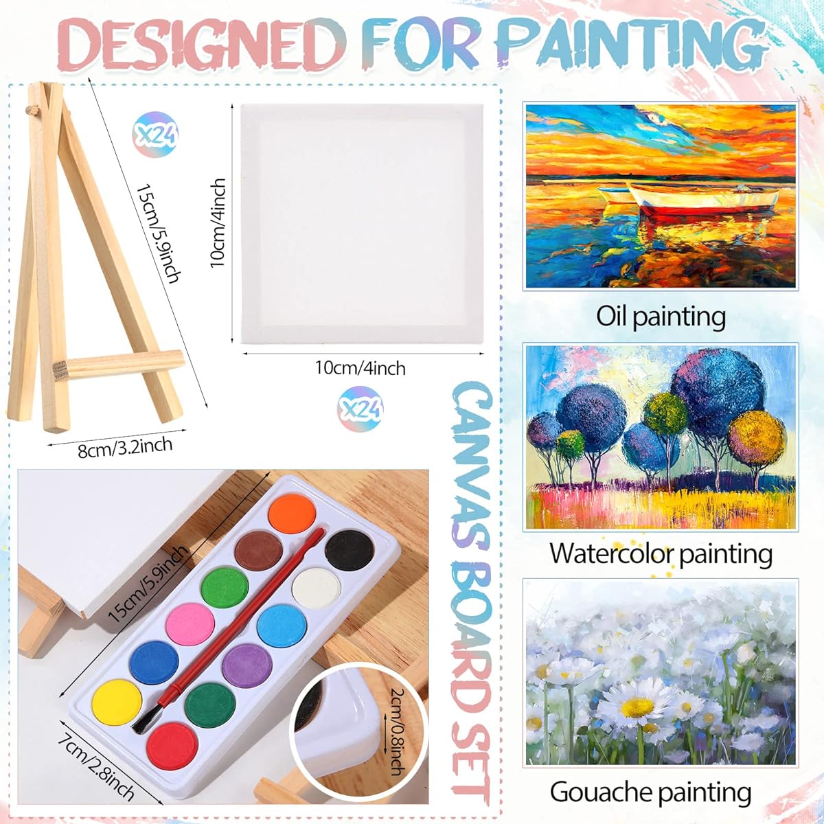 48 Piece Mini Canvas Easel Set with Mini Watercolor Paints, 4 x 4 inch Small Stretched Canvas for Painting, Kids Art Easel, Washable Watercolor Paints, Kids Paint Set, Painting Art, Party Favors Supplies