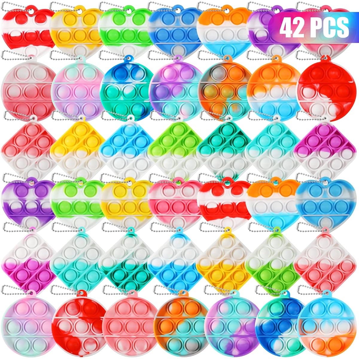 JOFSOP 63pcs Pop Push It Keychains Fidget Sensory Toys Mini Pop Push It Bulk Fidget Keychains Toys Party Favors for Kids 4-8 Keychains Bubble Pop Desk Toys Classroom Giveaways for Kids/Adults