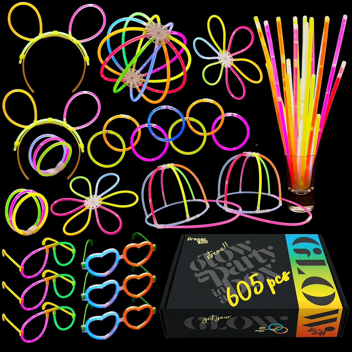 Dragon Too Glow in The Dark Party Supplies 605 Pieces Necklaces Bracelets Glasses Heart Glasses Hats Headbands Balls with Connectors to Make Flowers Glow in the Dark Party Favors