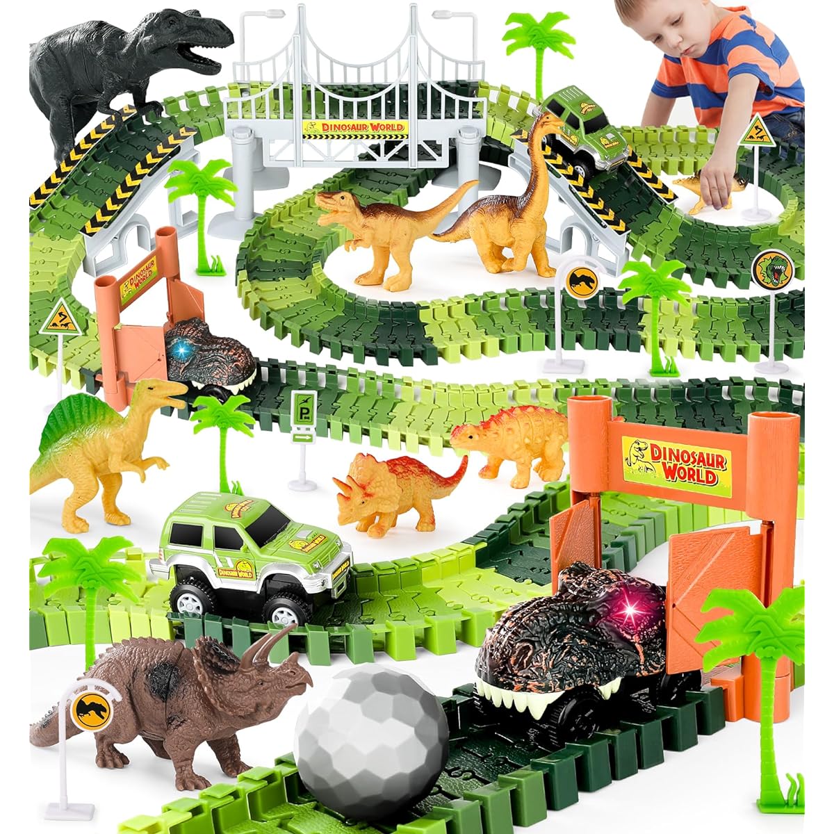 [Upgraded] Dinosaur Toys, Dinosaur Race Car Track Toys for 3 4 5 6 Year & Up Old Boys Girls, Dinosaur Track Train Set with 201pcs Flexible Tracks and 2 Race Cars for Kids Christmas Birthday Gifts
