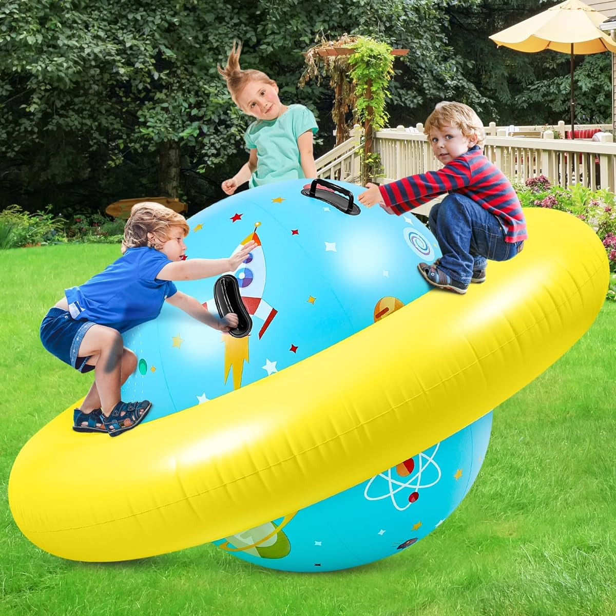 Poen Inflatable Dome Rocker Bouncer 63"L x 63"W x 39"H Blow Up Climbing Rocker for Kids Giant Inflatable Rocker Seesaw Outdoor Roll and Play Seesaw Rocker Toddler Inflatable Balance Game with 6 Handles, Blue, Yellow.
