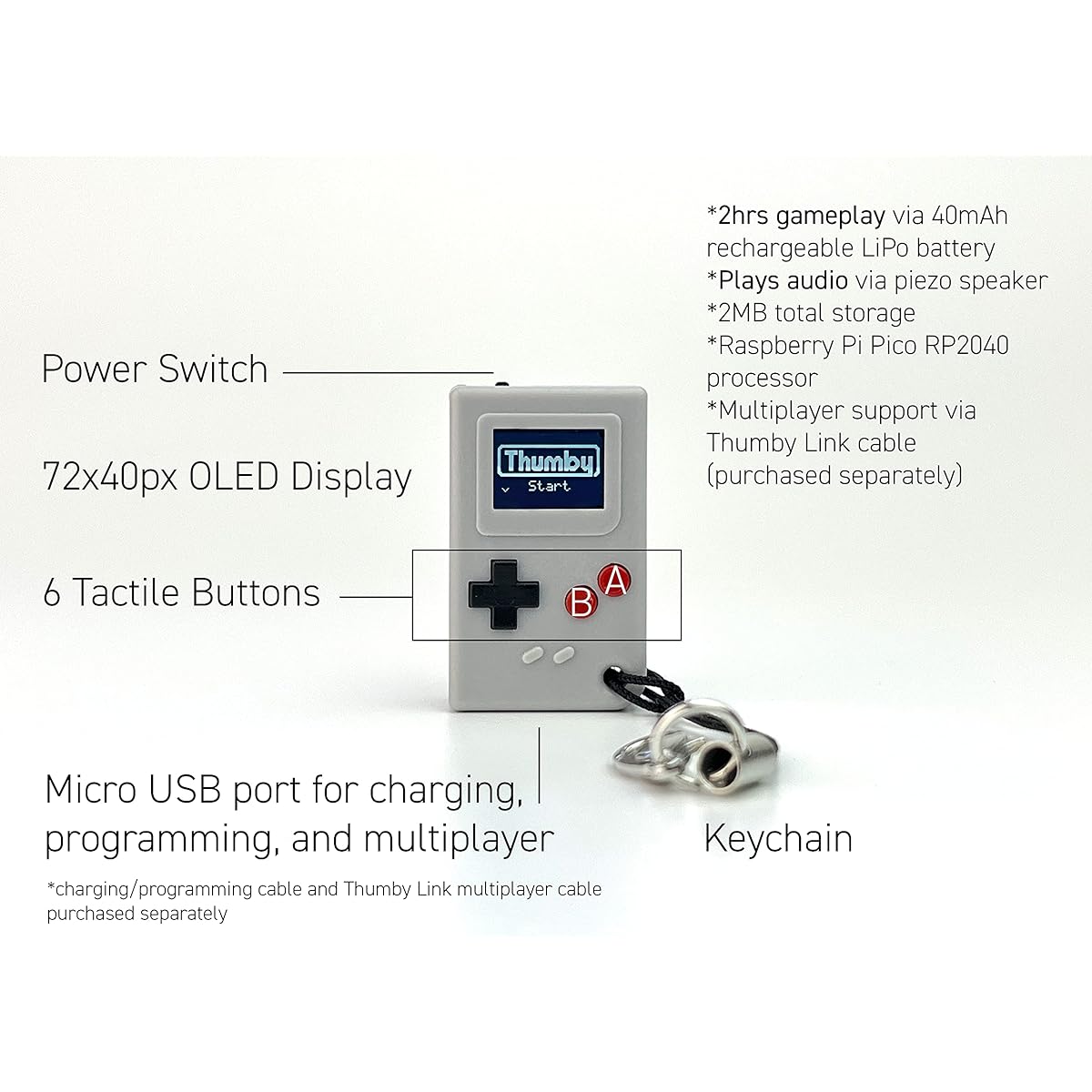 TinyCircuits Thumby (Grey) Tiny Game Console Playable Programmable Keychain: Electronic Miniature STEM Learning Tool
