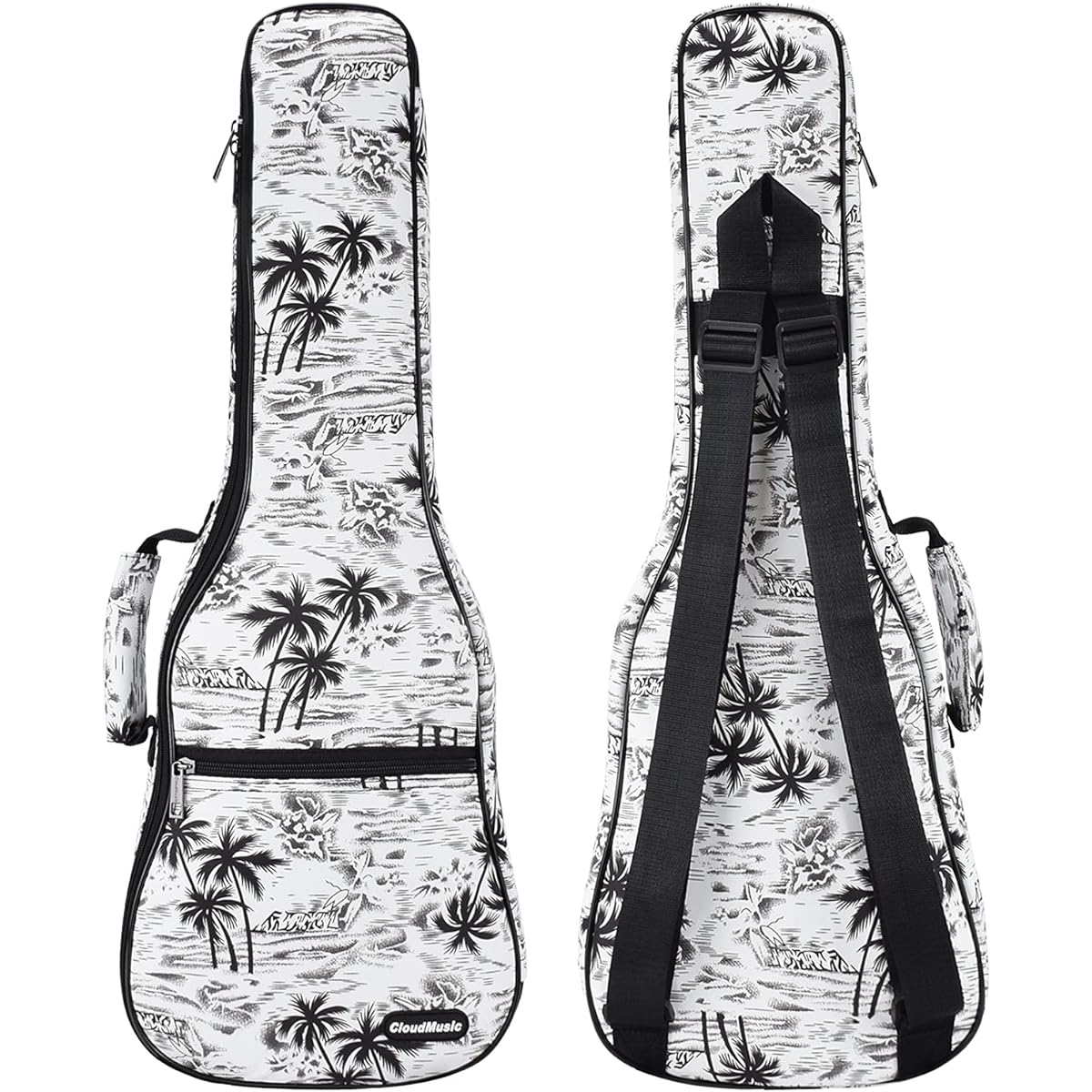 CLOUDMUSIC Ukulele Case Gig Bag Padded Backpack Baritone 30 Inch (Baritone, Hawaiian Coconut Pattern Black and White)
