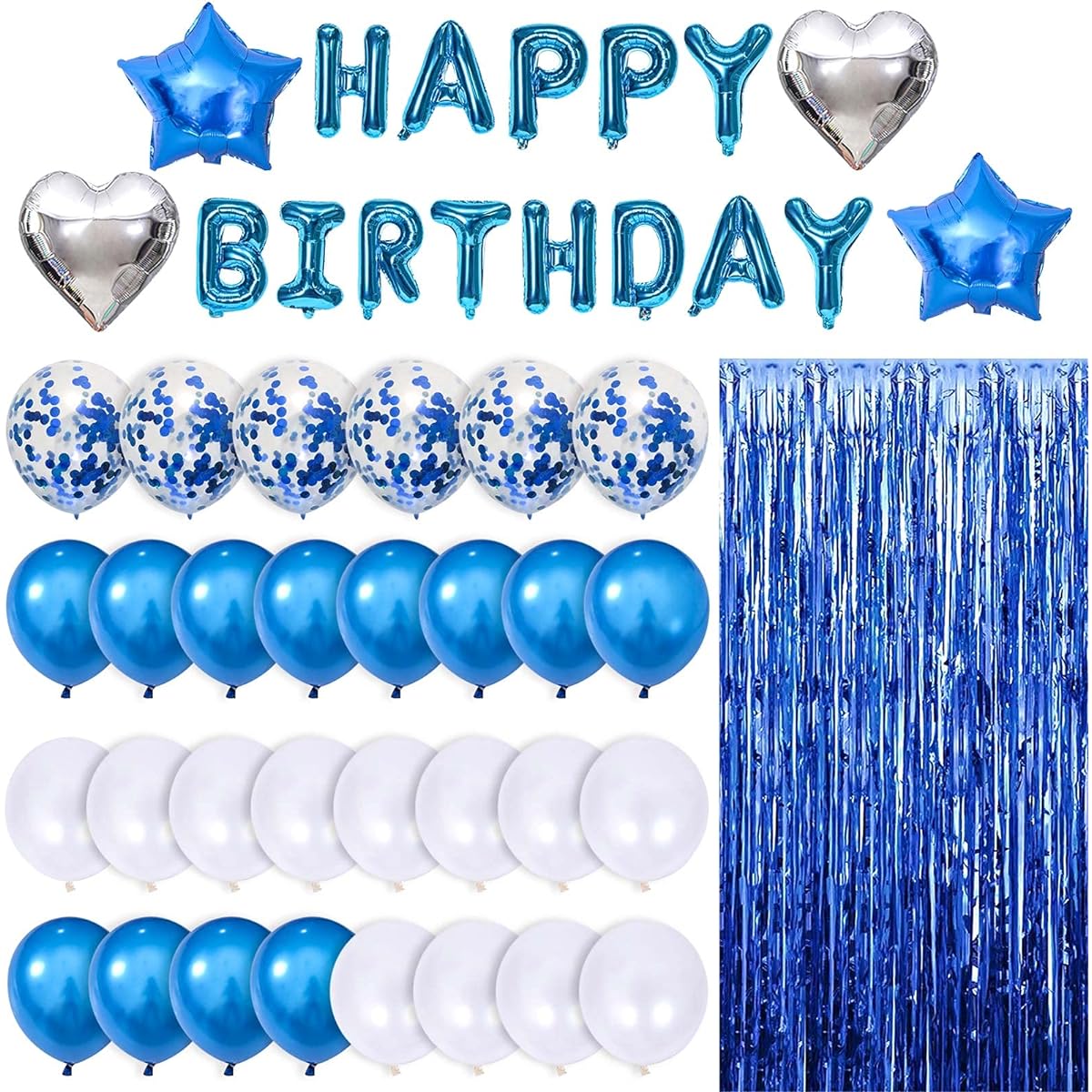 49pcs Blue Birthday Decorations Party Supplies Set, Blue Balloons, Fringed Curtains, 16" Happy Brthday Banner for Birthday Party.