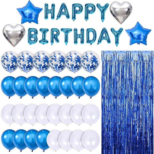 49pcs Blue Birthday Decorations Party Supplies Set, Blue Balloons, Fringed Curtains, 16" Happy Brthday Banner for Birthday Party.