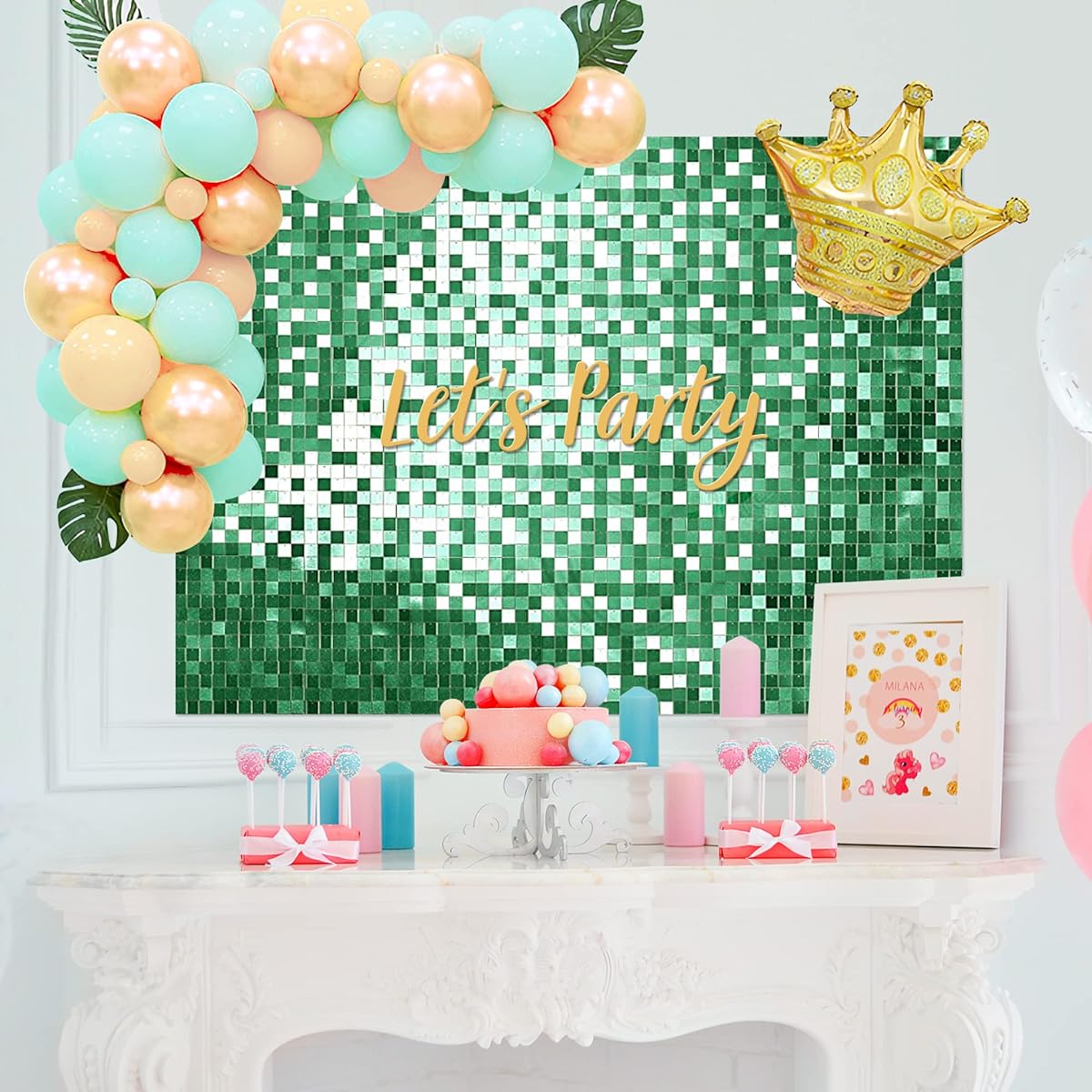 Glitter Wall Backdrop Sequin Backdrop 24 Panels Green Glitter Wall Panels Square Sequin Wall Panels Backdrop for Birthday Party Wedding Photo Backdrop Decoration