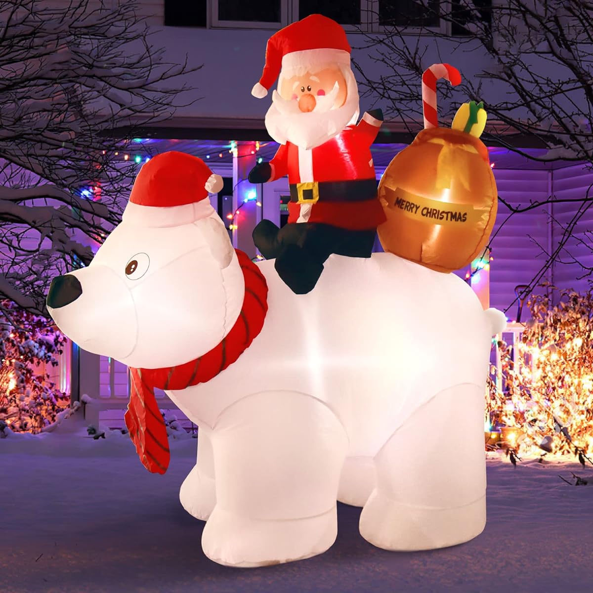 Nifti Nest 6ft Christmas Inflatable Polar Bear Santa Claus Decorations,Large Santa Riding Bear with Gift Bag and LED Lights,Holiday Giant Christmas Inflatable Blow Up Outdoor Yard Decor