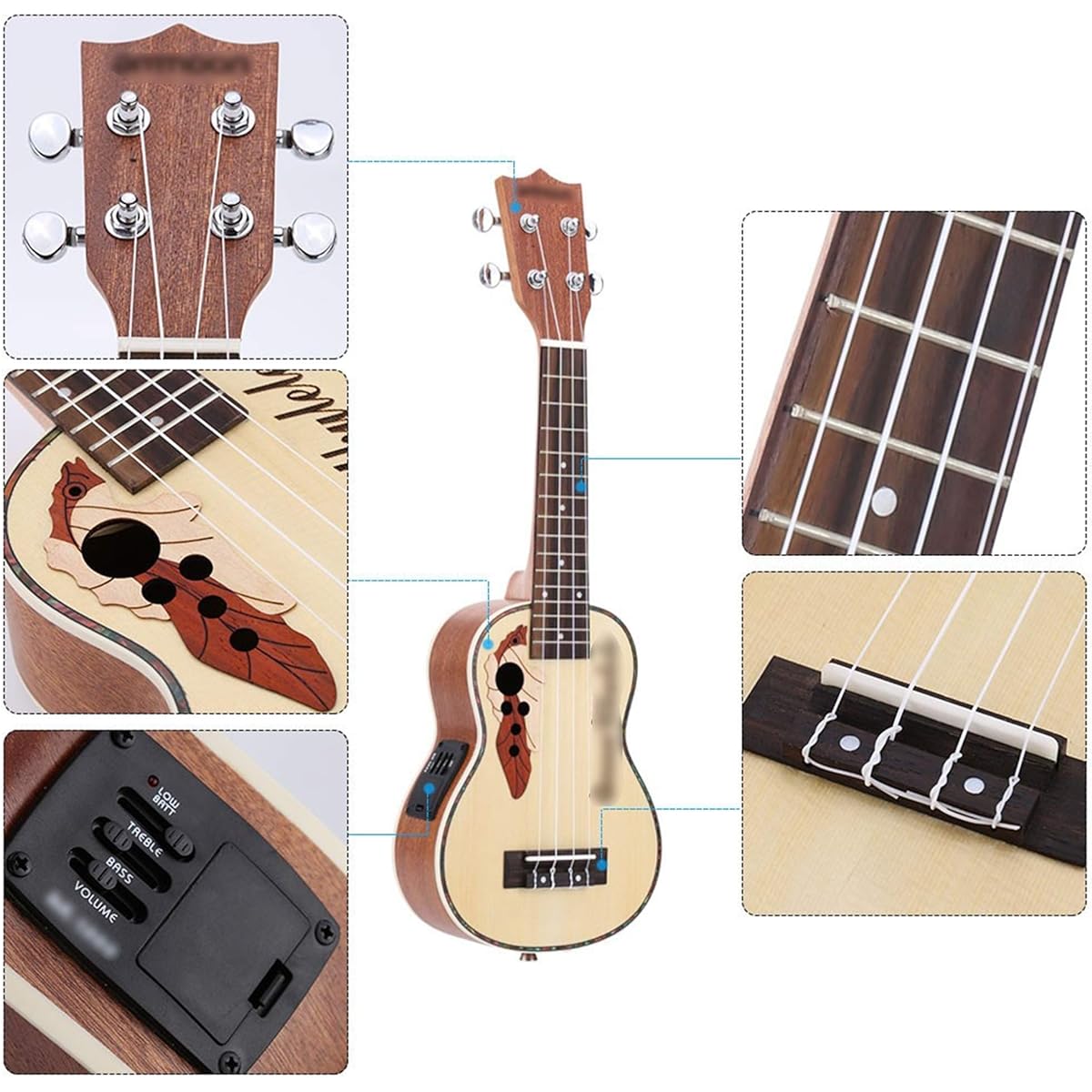 Ukulele Spruce 21" Acoustic Ukulele 15 Frets 4 Strings EQ Pickup Built-in